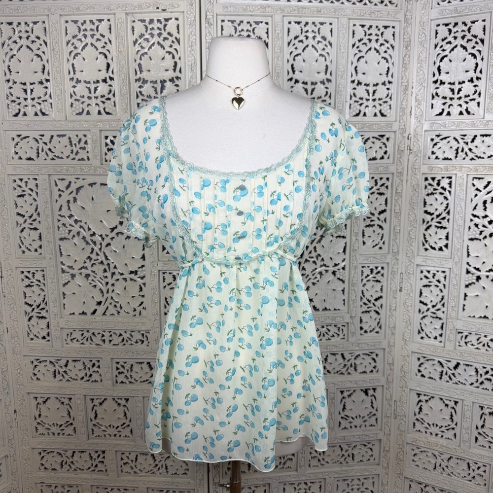 Y2K Deadstock Sheer Fruit Babydoll Blouse Sz XL Short Sleeve Lace Trim Cherry